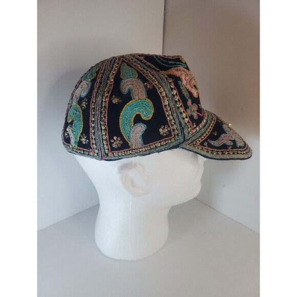 Vintage Womens Beaded Aplique Wide Brim Baseball Cap Hat Made In Burma Sz L main image 4